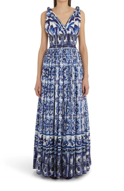 Dolce & Gabbana Open-back Shirred Printed Cotton-poplin Maxi Dress In Multicolor