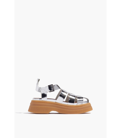 Ganni Creeper Metallic Fisherman Sandals In Silver