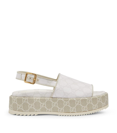 Gucci Angelina Gg Supreme Platform Ankle Strap Sandal In White,beige