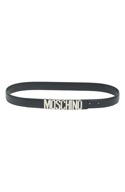 Moschino Thin Leather Silver-tone Logo Belt In Fantasy Black