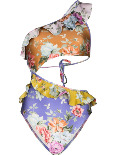 Zimmermann Pattie Floral One-shoulder Cutout Swimsuit In Multi-colored