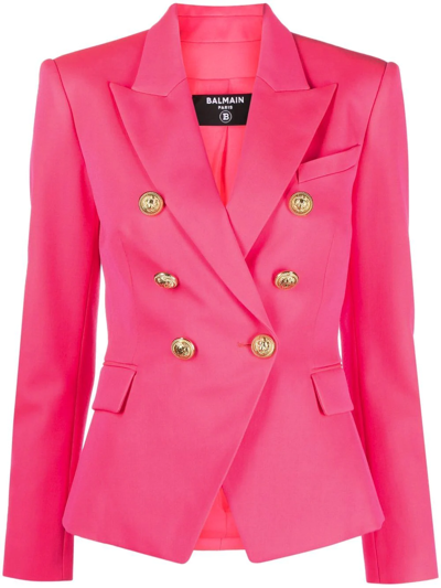 Balmain Wool Gold Embossed Buttons Double-breasted Blazer In Pink