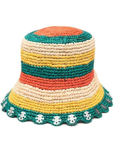Rabanne Embellished Striped Raffia Bucket Hat In Yellow