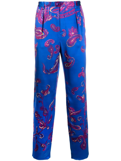 Saint Laurent Straight-leg Paisley-print Silk-twill Trousers In Blue