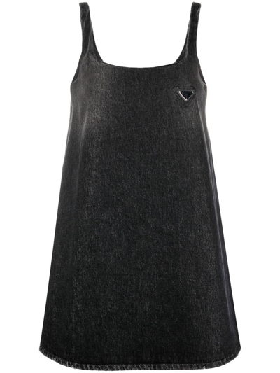 Prada Triangle Logo A-line Denim Dress In Black
