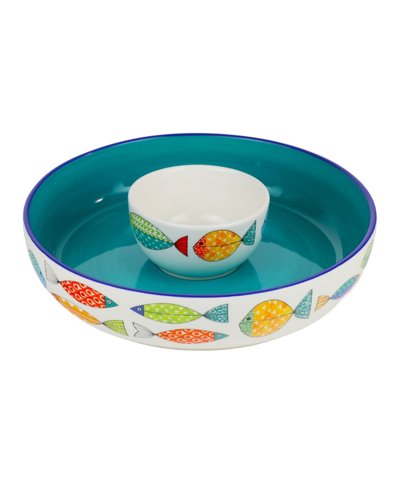 Euro Ceramica Fresh Catch 15" Chip And Dip Bowl Set, 2 Piece In White And Multicolor