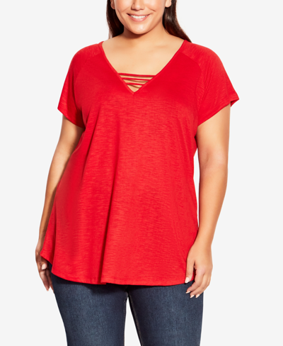 Avenue Plus Size 3 Bar V-neck Top In Salsa Red