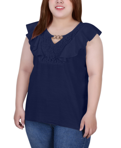 Ny Collection Plus Size Sleeveless Flutter Yoke Blouse In Navy