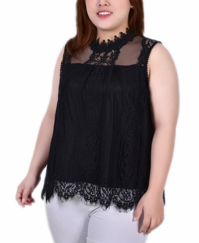 Ny Collection Plus Size Sleeveless Mock Neck Lace Top In Black
