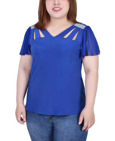 Ny Collection Plus Size Short Flutter Sleeve With Cutouts And Stones Top In Blue