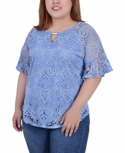 Ny Collection Plus Size Short Bell Sleeve Lace Blouse In Blue
