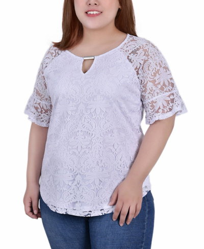 Ny Collection Plus Size Short Bell Sleeve Lace Blouse In White