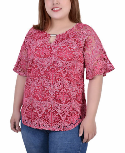 Ny Collection Plus Size Short Bell Sleeve Lace Blouse In Pink
