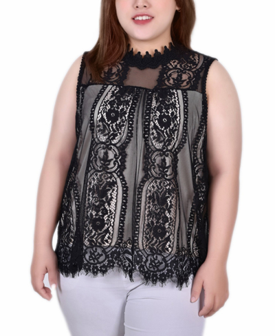 Ny Collection Plus Size Sleeveless Mock Neck Lace Top In Black Nude