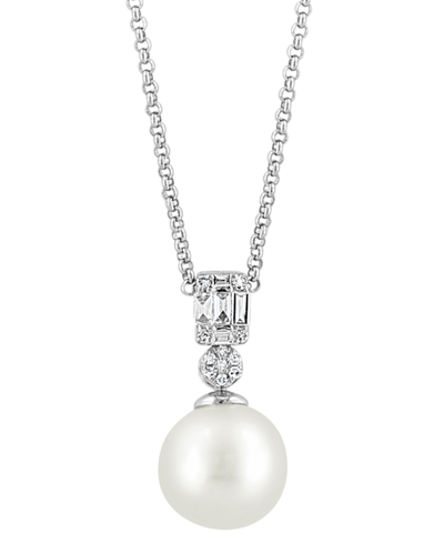 Effy Collection Effy Cultured Freshwater Pearl (9mm) & Diamond (1/10 Ct. T.w.) 18" Pendant Necklace In 14k White Gol In K White Gold