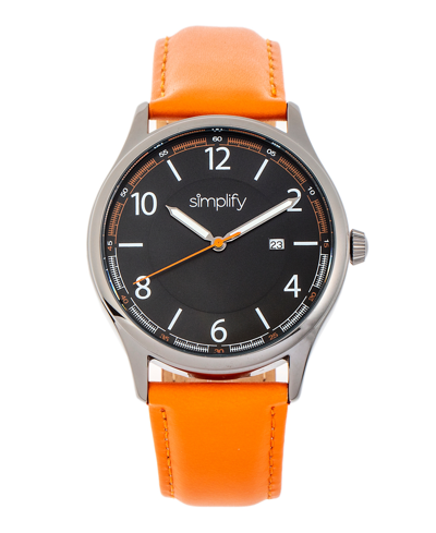Simplify The 6900 Black Or Blue Or Brown Or Orange Genuine Leather Band Watch, 46mm In Black / Orange