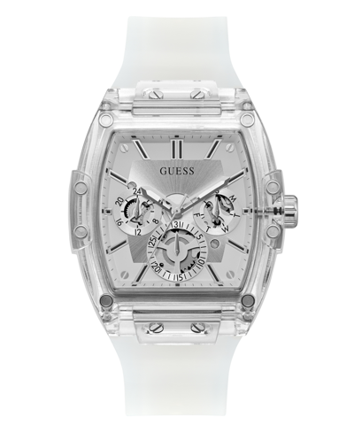 Guess Men's Multi-function Transparent And Silver-tone Silicone Strap Watch 43mm In Clear