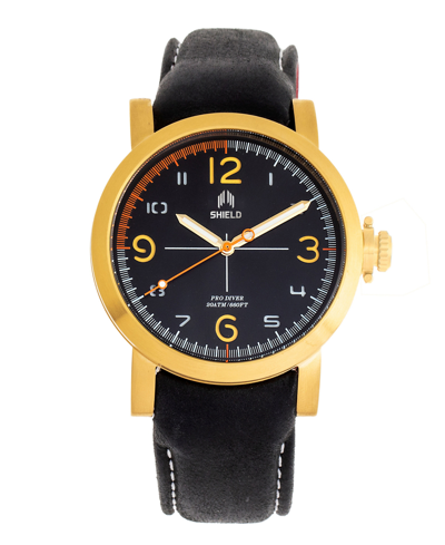 Shield Berge Black Or Brown Genuine Leather-band Watch, 43mm In Gold-tone/black