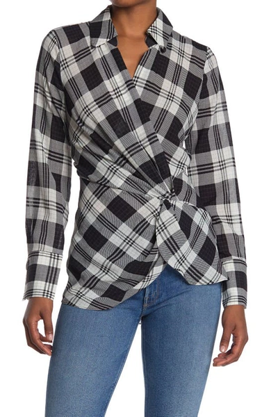 Laundry By Shelli Segal V-neck Plaid Print Crossover Blouse In Marshmallow/black Plaid