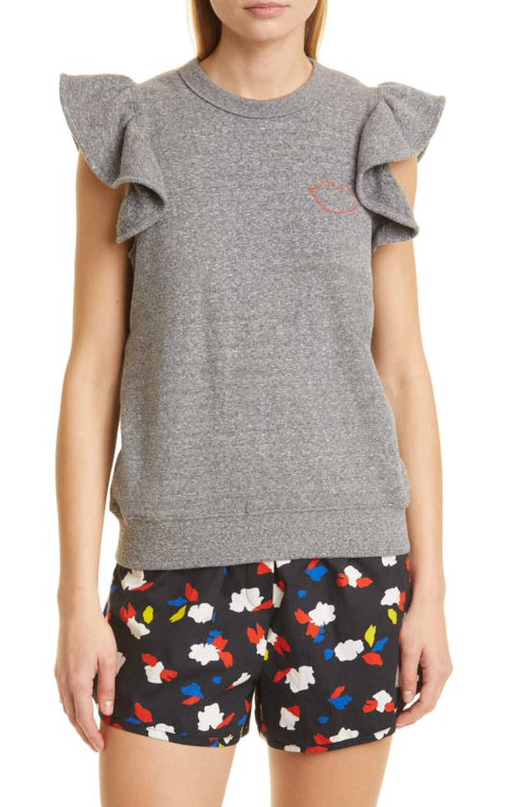 Clare V Ruffle Sleeveless Sweatshirt In Grey W/ Poppy Embroidered