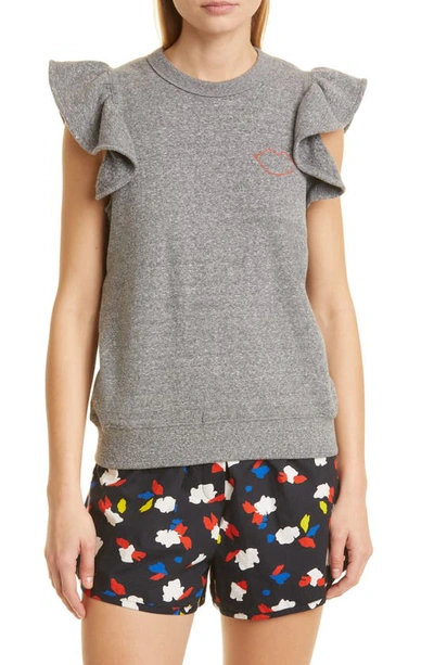 Clare V Ruffle Sleeveless Sweatshirt In Grey W/ Poppy Embroidered