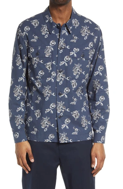 Vince Ikat Floral Print Cotton Button-up Shirt In Hematite