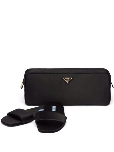 Prada Silk Satin Slippers And Travel Pouch In Nero+bianco