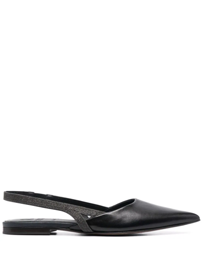 Brunello Cucinelli Leather Monili Slingback Ballerina Flats In Black