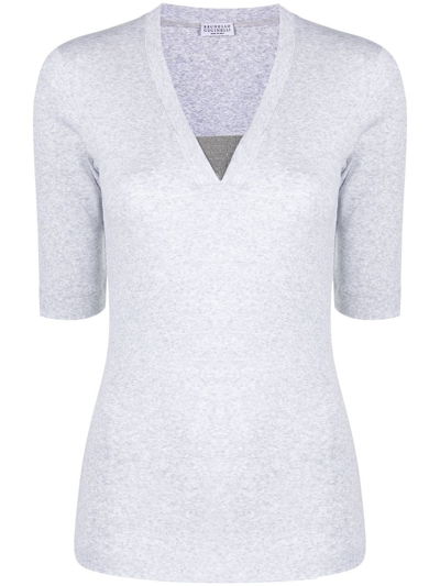 Brunello Cucinelli V-neck Short-sleeve Top In Grey