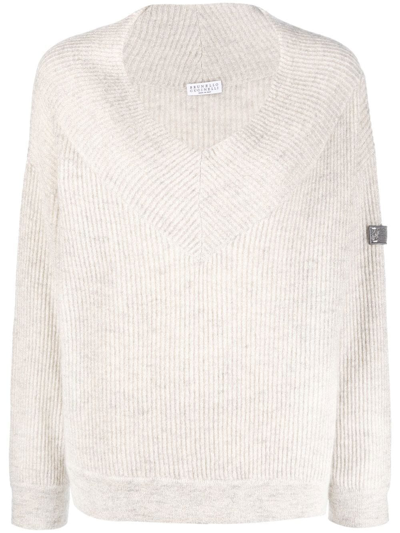 Brunello Cucinelli V-neck Knitted Jumper In Grey
