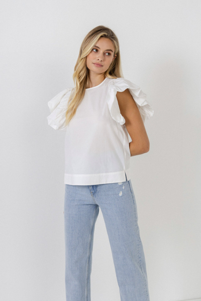 English Factory Folded Ruffle Sleeve Top In White