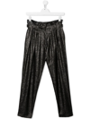 Balmain Metallic-finish Belted Trousers In Black