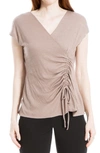 Maxstudio Side Cinch Wrap Knit Short Sleeve Tee In Taupe