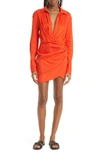 Gauge81 Naha Linen Draped Mini Dress With Swarovski Buttons In Coral