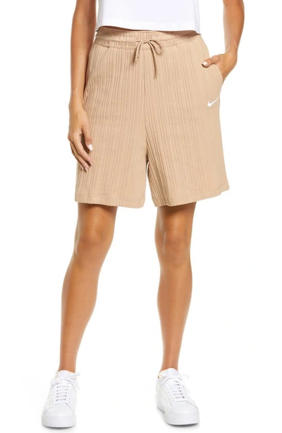Nike Sportswear Rib Longline Shorts In Hemp/ White