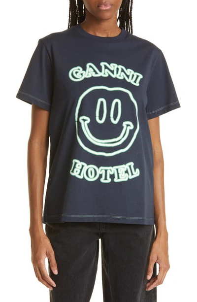 Ganni Logo Printed Organic Cotton T-shirt In Blue
