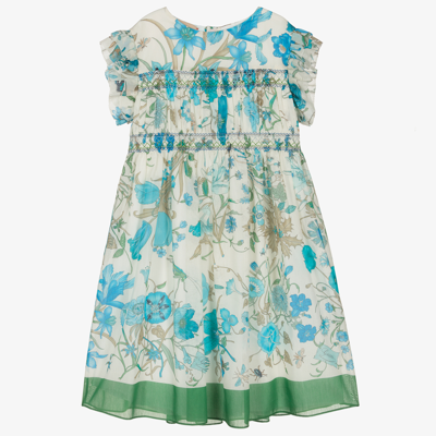Gucci Girls Teen Floral Smocked Silk Dress In Blue