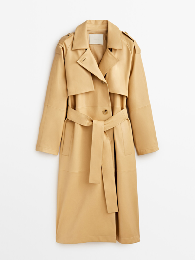 Massimo Dutti Nappa Leather Trench Coat With Belt In Beige