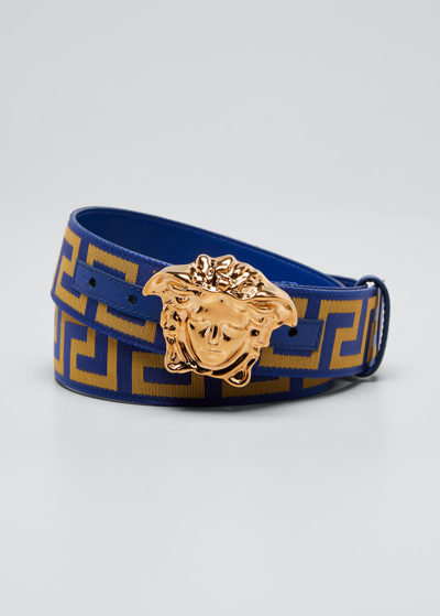 Versace First Line La Medusa La Greca Web Belt In Blue/ Gold