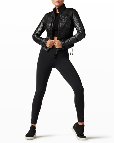 Blanc Noir Quilted Leather & Mesh Moto Jacket In Dk Brown Gold