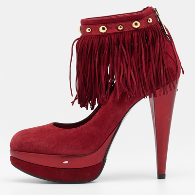 Pre-owned Loriblu Red Suede Fringe Platform Ankle Strap Pumps Size 40