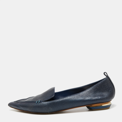 Pre-owned Nicholas Kirkwood Navy Blue Leather Beya Pointed-toe Loafers Size 41 In Orange