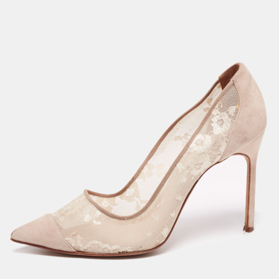 Pre-owned Manolo Blahnik Beige Suede And Lace Pointed-toe Pumps Size 40