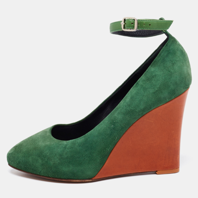 Pre-owned Celine Green Suede Wedge Ankle Strap Pumps Size 39