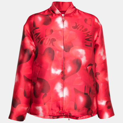 Pre-owned Valentino Red Printed Satin Zip Front Oversized Jacket S