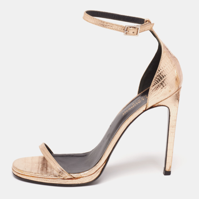 Pre-owned Saint Laurent Gold Lizard Embossed Leather Jane Ankle-strap Sandals Size 38.5