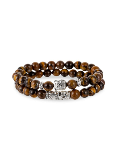 Eye Candy La Men's Luka 2-piece Silvertone & Tiger's Eye Beaded Stretch Bracelet Set In Metal