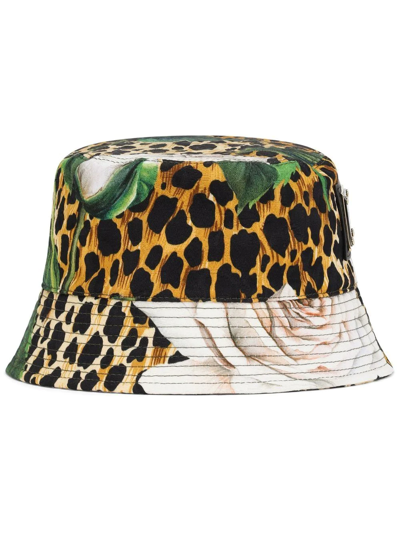 Dolce & Gabbana Floral Leopard-print Bucket Hat In Brown