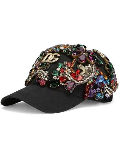 Dolce & Gabbana Crystal Embellished Twill Baseball Cap In Black