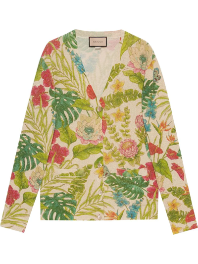 Gucci Flora Print Wool Cardigan In Neutrals